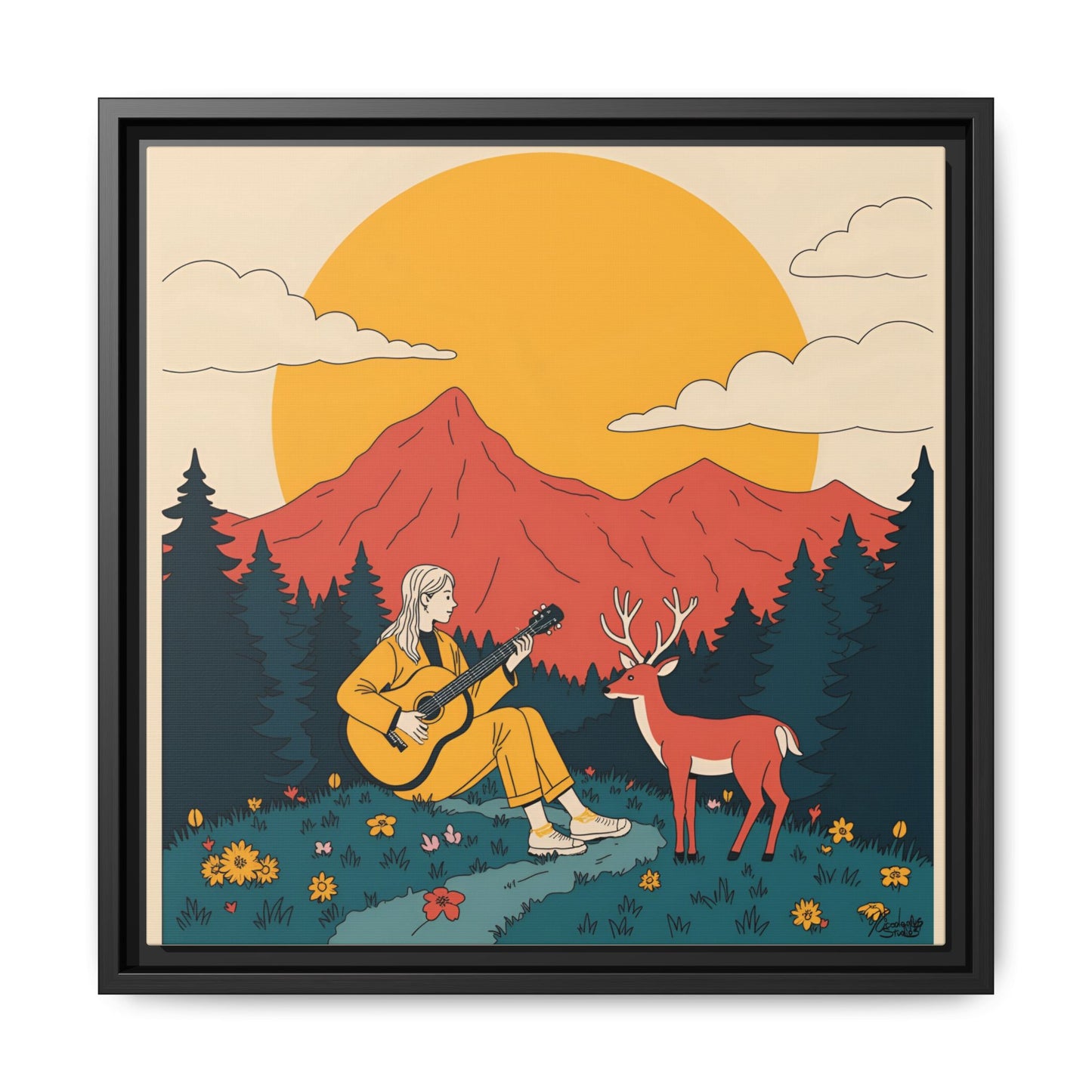 "Fawn Melody 02" Framed Canvas Art Print 16″ x 16″ Black 1.25" Canvas