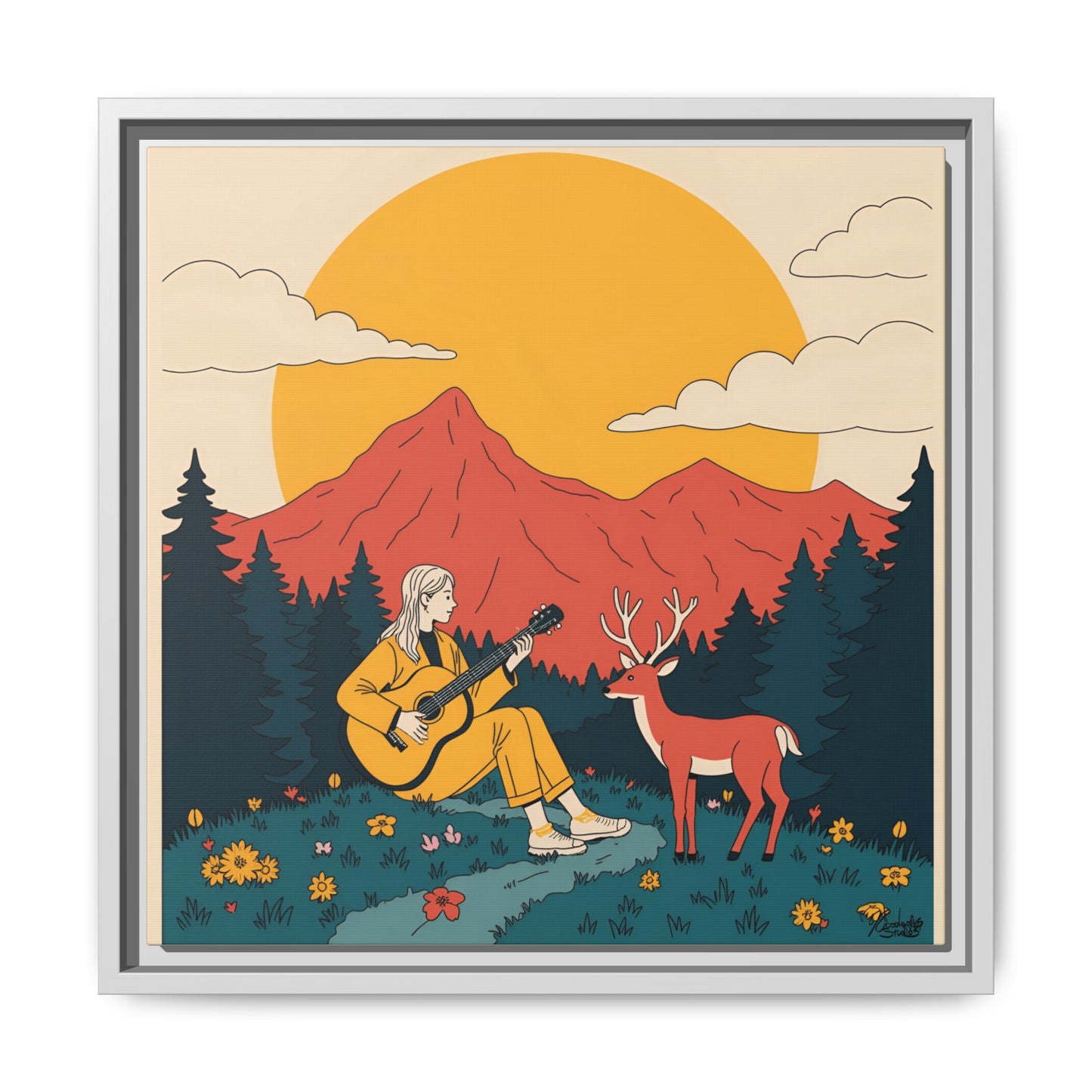 "Fawn Melody 02" Framed Canvas Art Print 16″ x 16″ White 1.25" Canvas