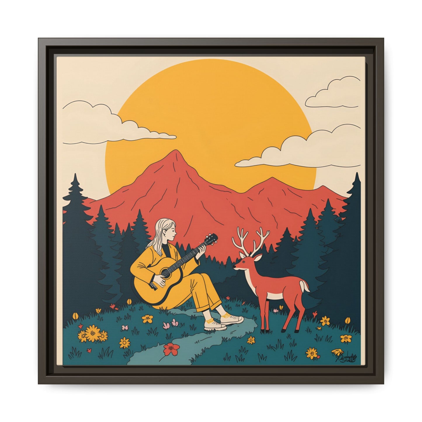 "Fawn Melody 02" Framed Canvas Art Print 16″ x 16″ Espresso 1.25" Canvas