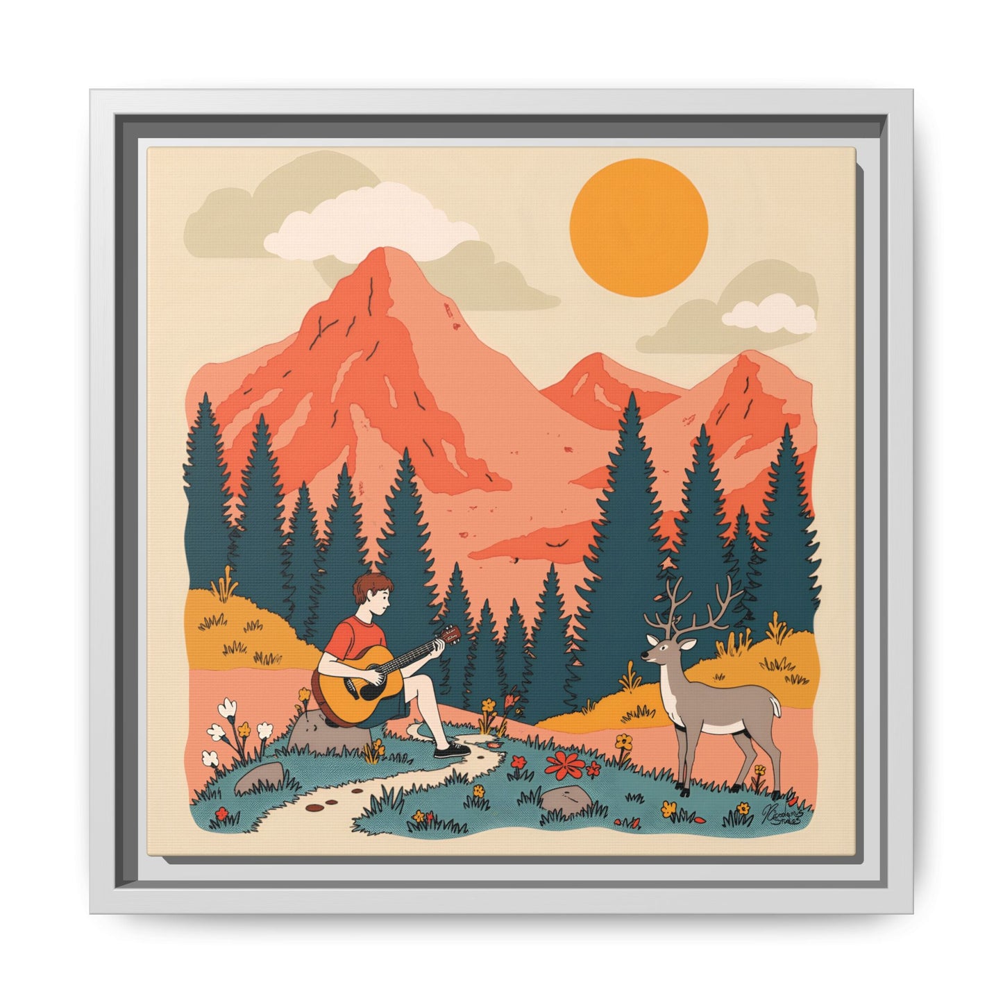 "Fawn Melody 03" Framed Canvas Art Print 12″ x 12″ White 1.25" Canvas