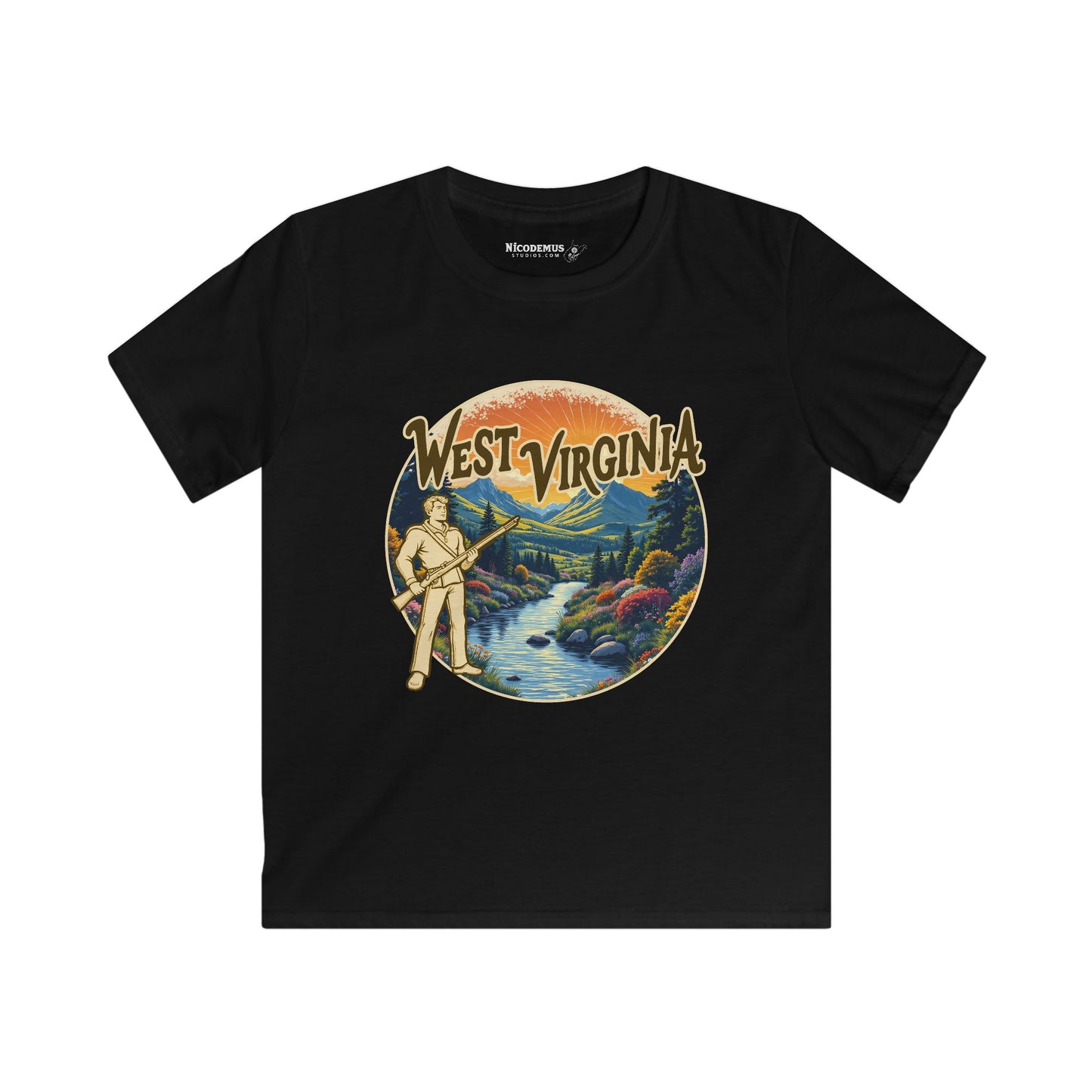 Kids Soft Style Short Sleeve Shirt | Mountaineer Lanscape by Nicodemus Studios-XS-Black-Nicodemus Studios
