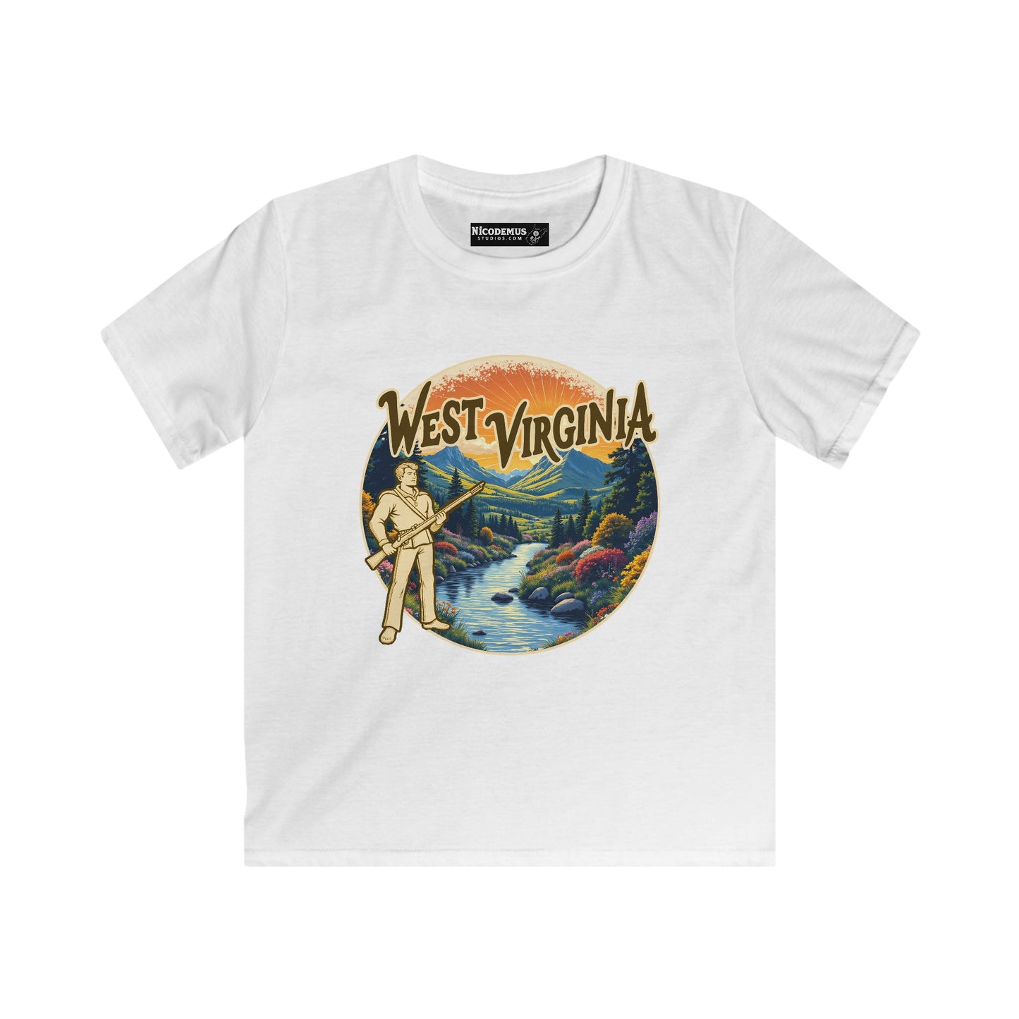 Kids Soft Style Short Sleeve Shirt | Mountaineer Lanscape by Nicodemus Studios-XS-White-Nicodemus Studios