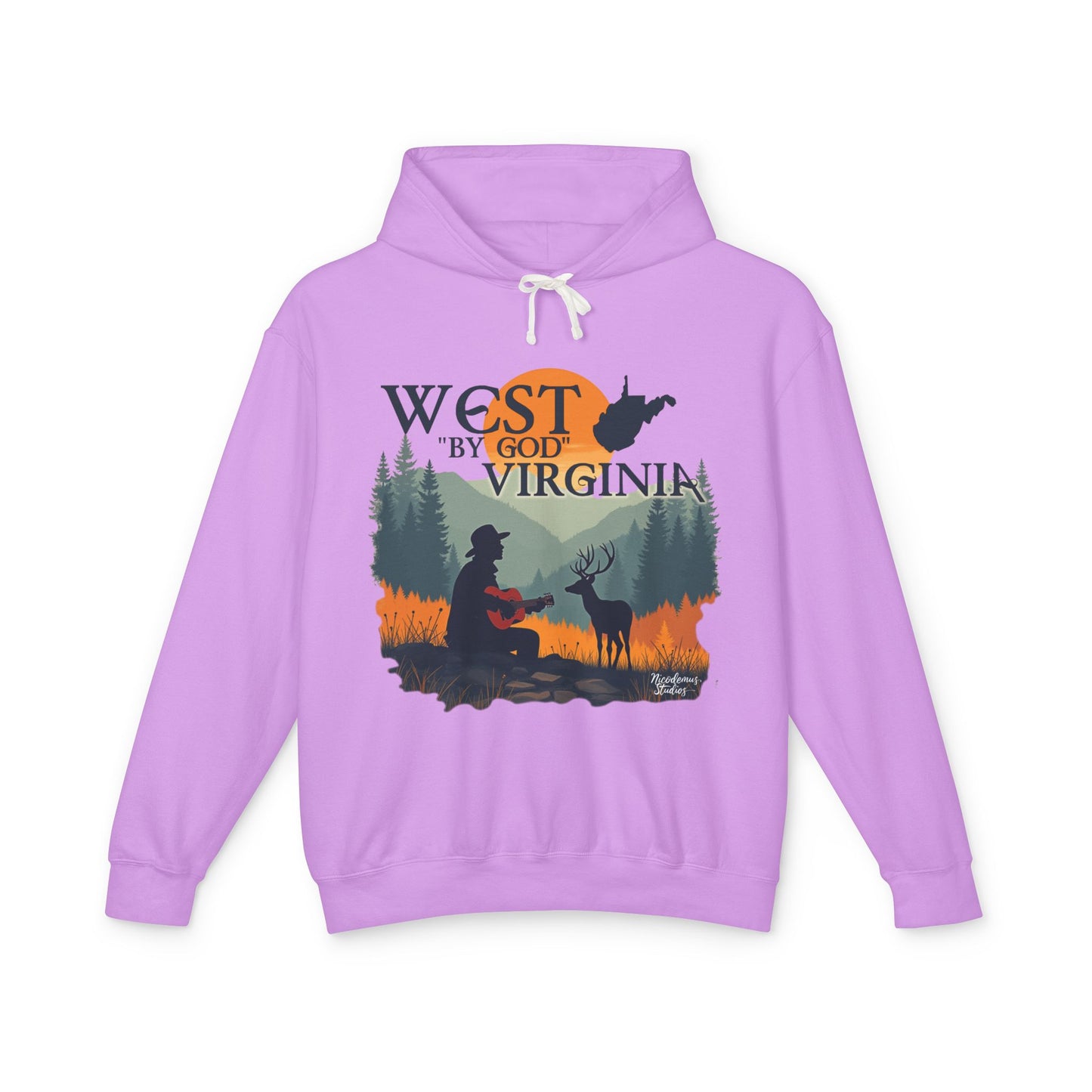 Unisex Lightweight Hooded Sweatshirt | "West By God Virginia" by Nicodemus Studios-S-Neon Violet-Nicodemus Studios