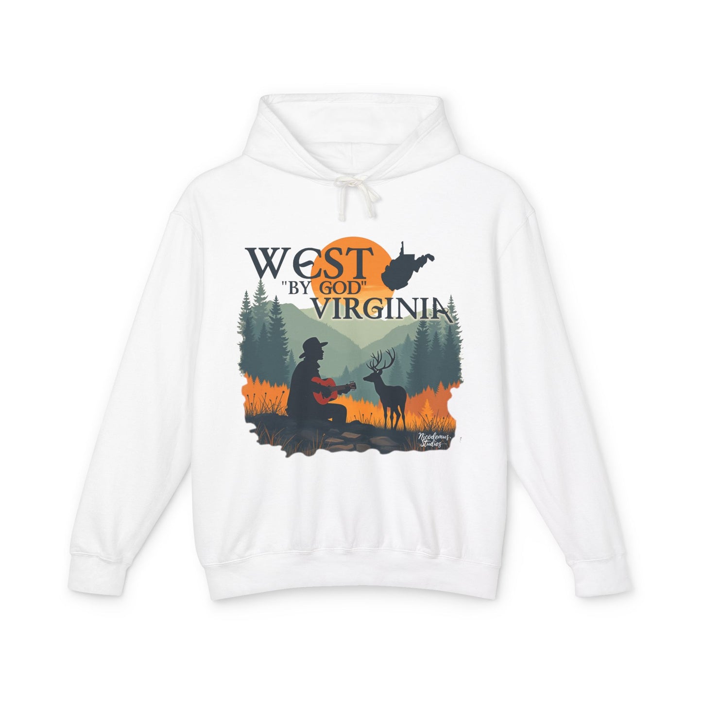 Unisex Lightweight Hooded Sweatshirt | "West By God Virginia" by Nicodemus Studios-S-White-Nicodemus Studios