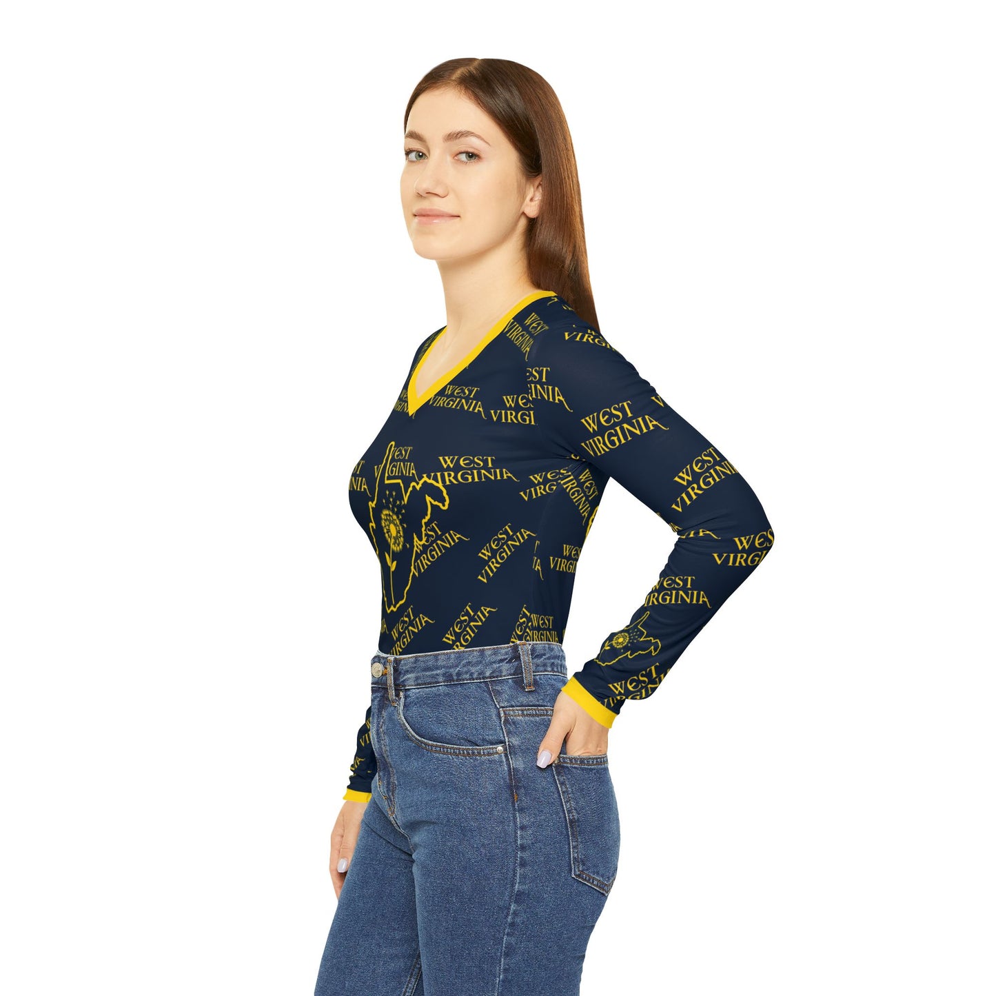 West Virginia Dandelion Design Long Sleeve V-neck Shirt for Women-Nicodemus Studios