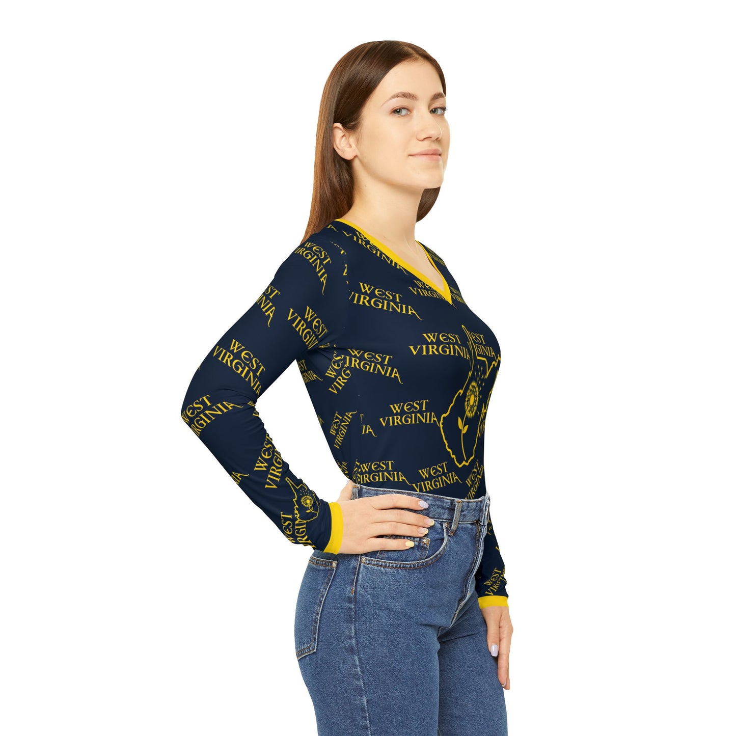 West Virginia Dandelion Design Long Sleeve V-neck Shirt for Women-Nicodemus Studios