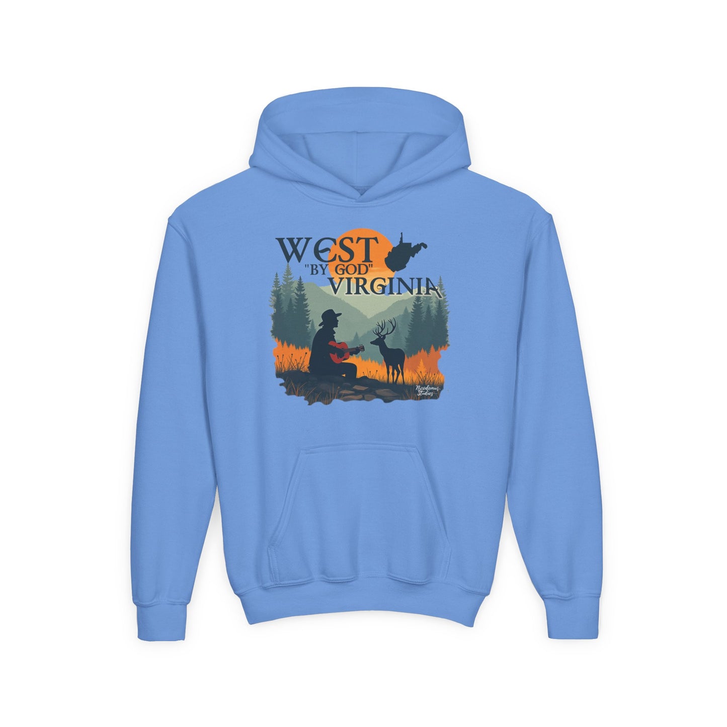 Youth Cozy Hoodie | "West By God Virginia" by Nicodemus Studios-S-Carolina Blue-Nicodemus Studios