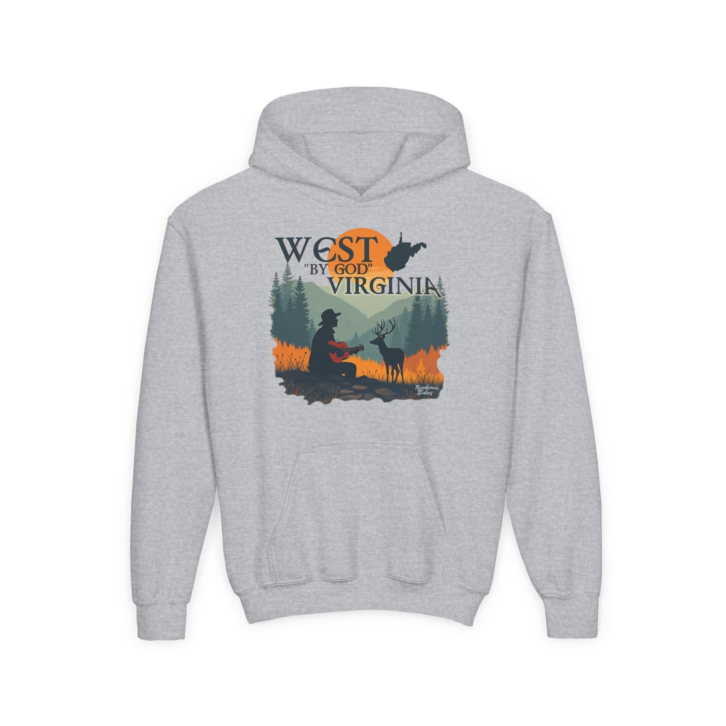 Youth Cozy Hoodie | "West By God Virginia" by Nicodemus Studios-S-Sport Grey-Nicodemus Studios