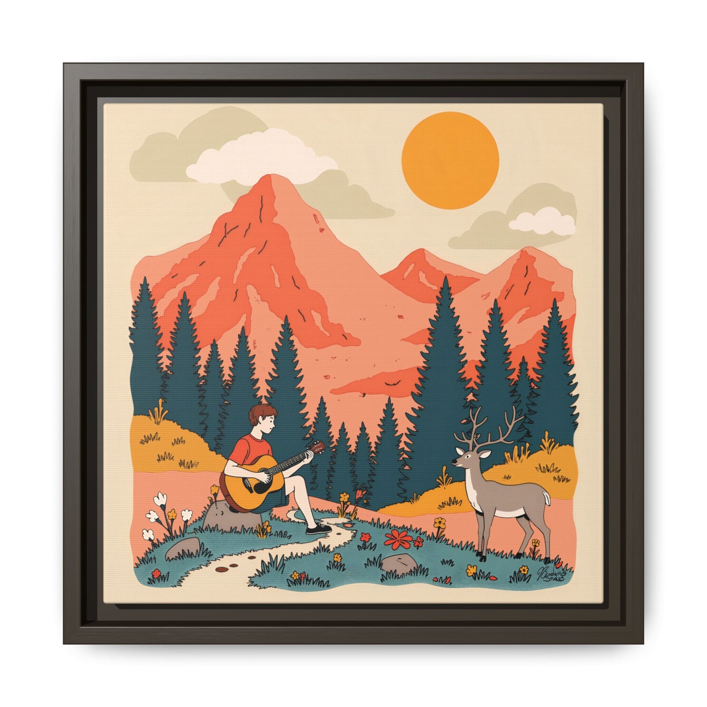 "Fawn Melody 03" Framed Canvas Art Print 12″ x 12″ Espresso 1.25" Canvas