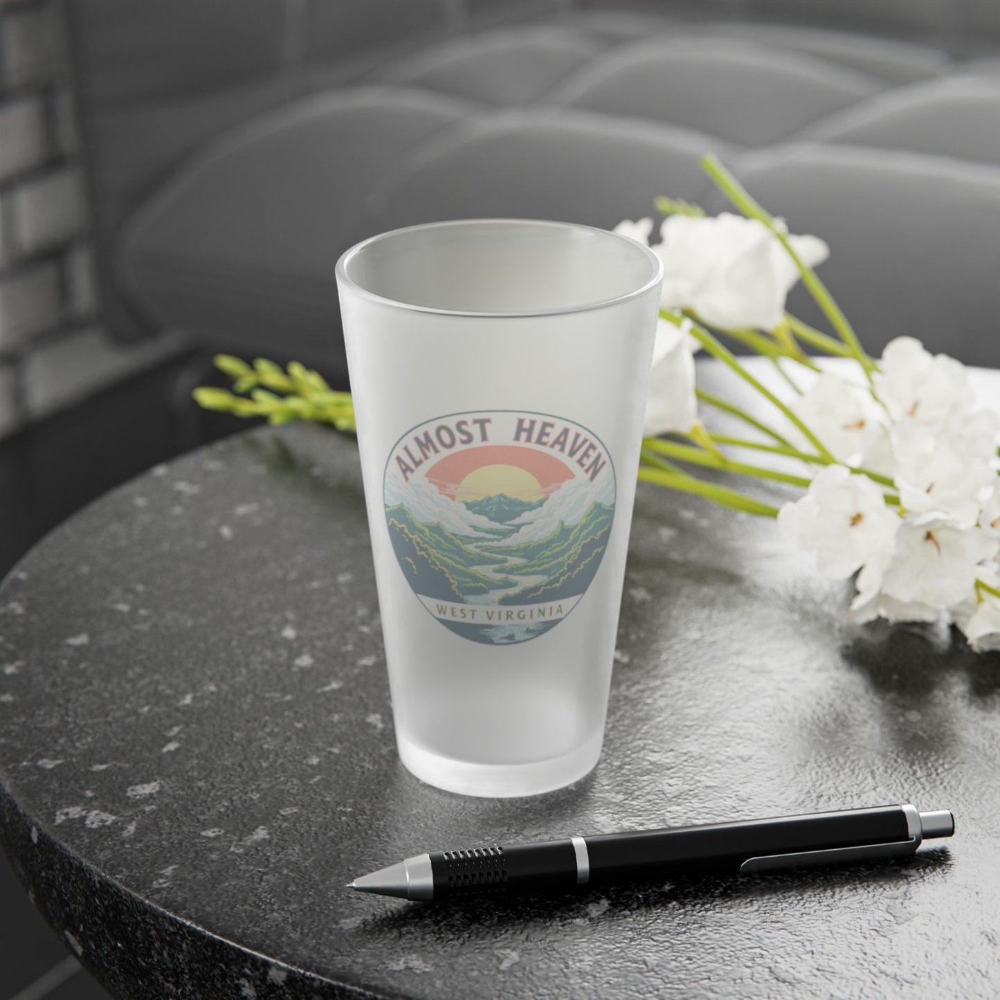 16oz Frosted Pint Glass | "Almost Heaven" River Valley West Virginia-Nicodemus Studios
