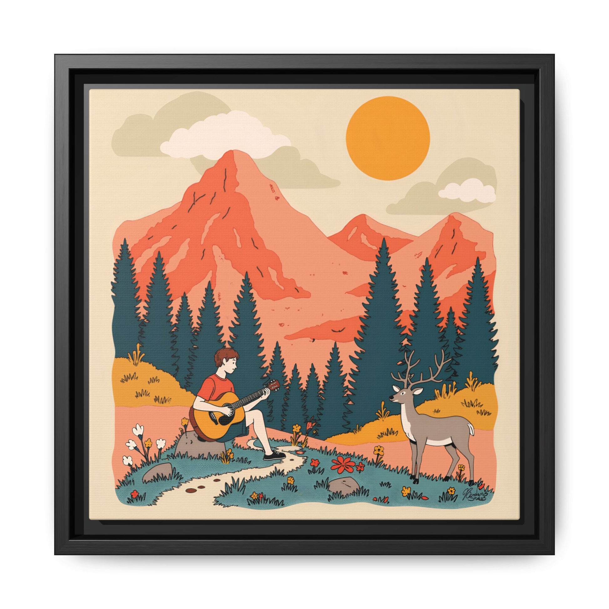 "Fawn Melody 03" Framed Canvas Art Print 12″ x 12″ Black 1.25" Canvas