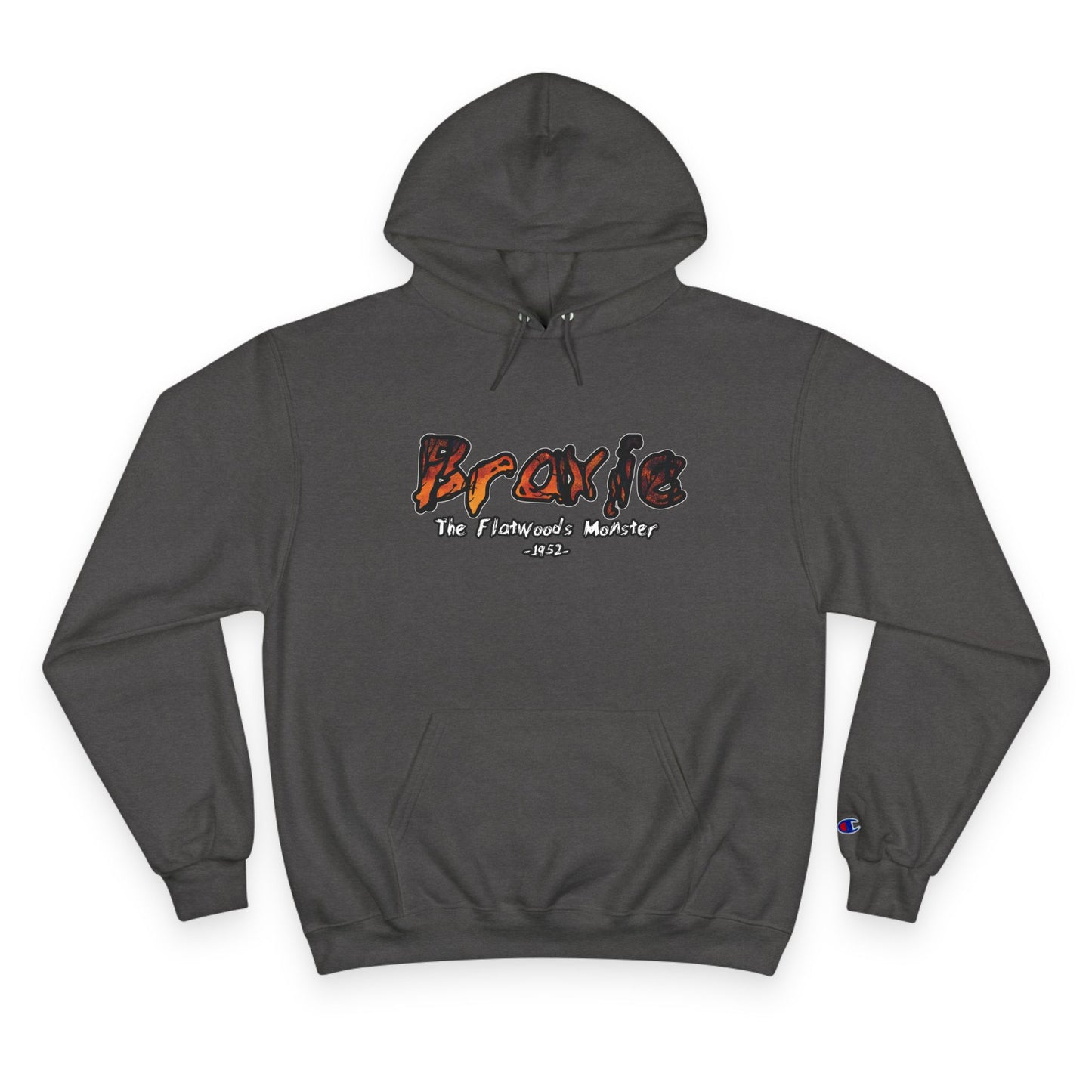 Champion Hoodie | Braxie The Flatwoods Monster-Charcoal Heather-S-Nicodemus Studios