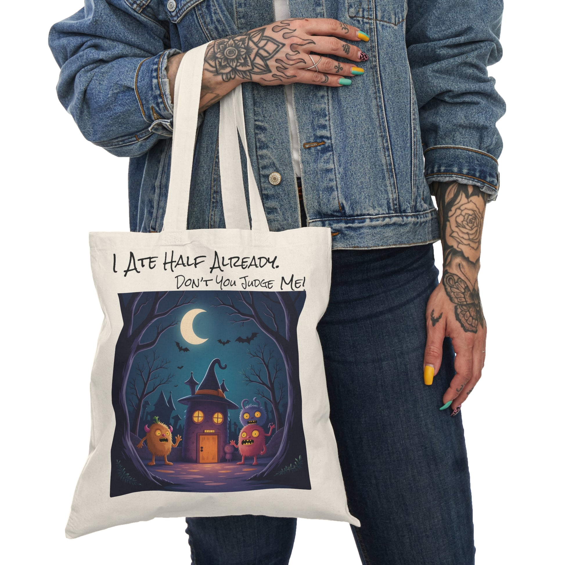 Eco-Friendly Trick or Treat Tote Bag | "I Ate Half Already"-15" x 16"-Natural-Nicodemus Studios