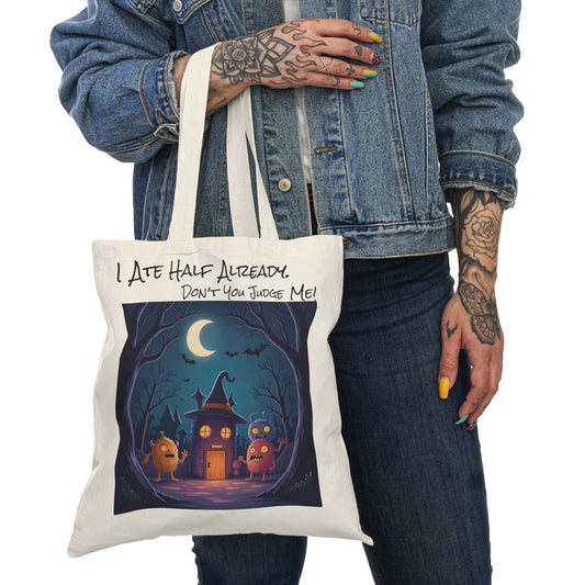 Eco-Friendly Trick or Treat Tote Bag | "I Ate Half Already"-15" x 16"-Natural-Nicodemus Studios