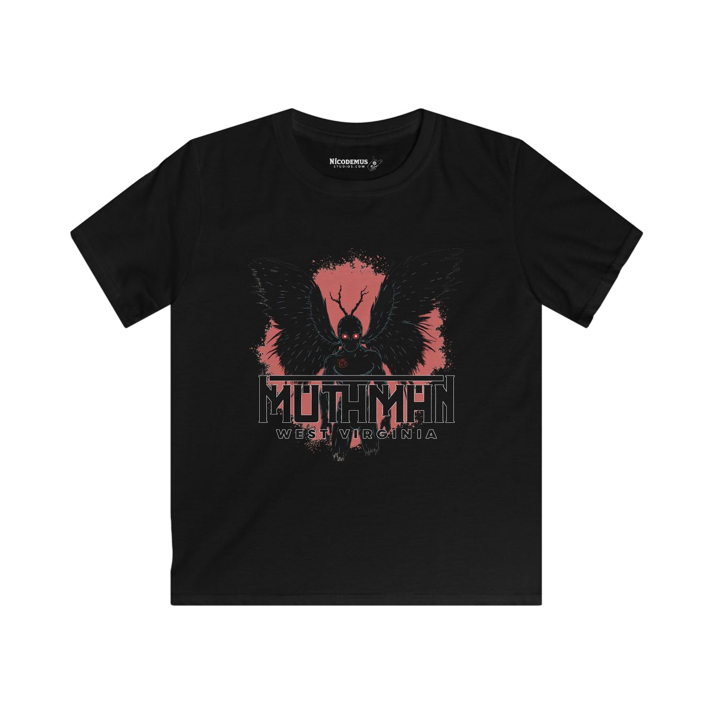 Kids Soft Style Short Sleeve Shirt | Mothman West Virginia-XS-Black-Nicodemus Studios