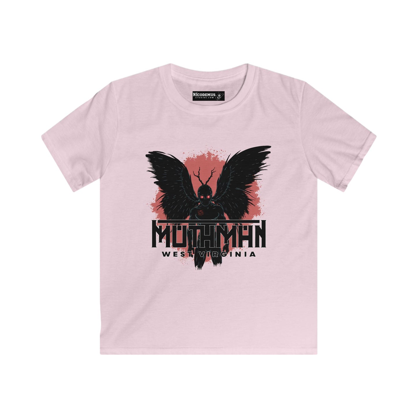Kids Soft Style Short Sleeve Shirt | Mothman West Virginia-XS-Light Pink-Nicodemus Studios