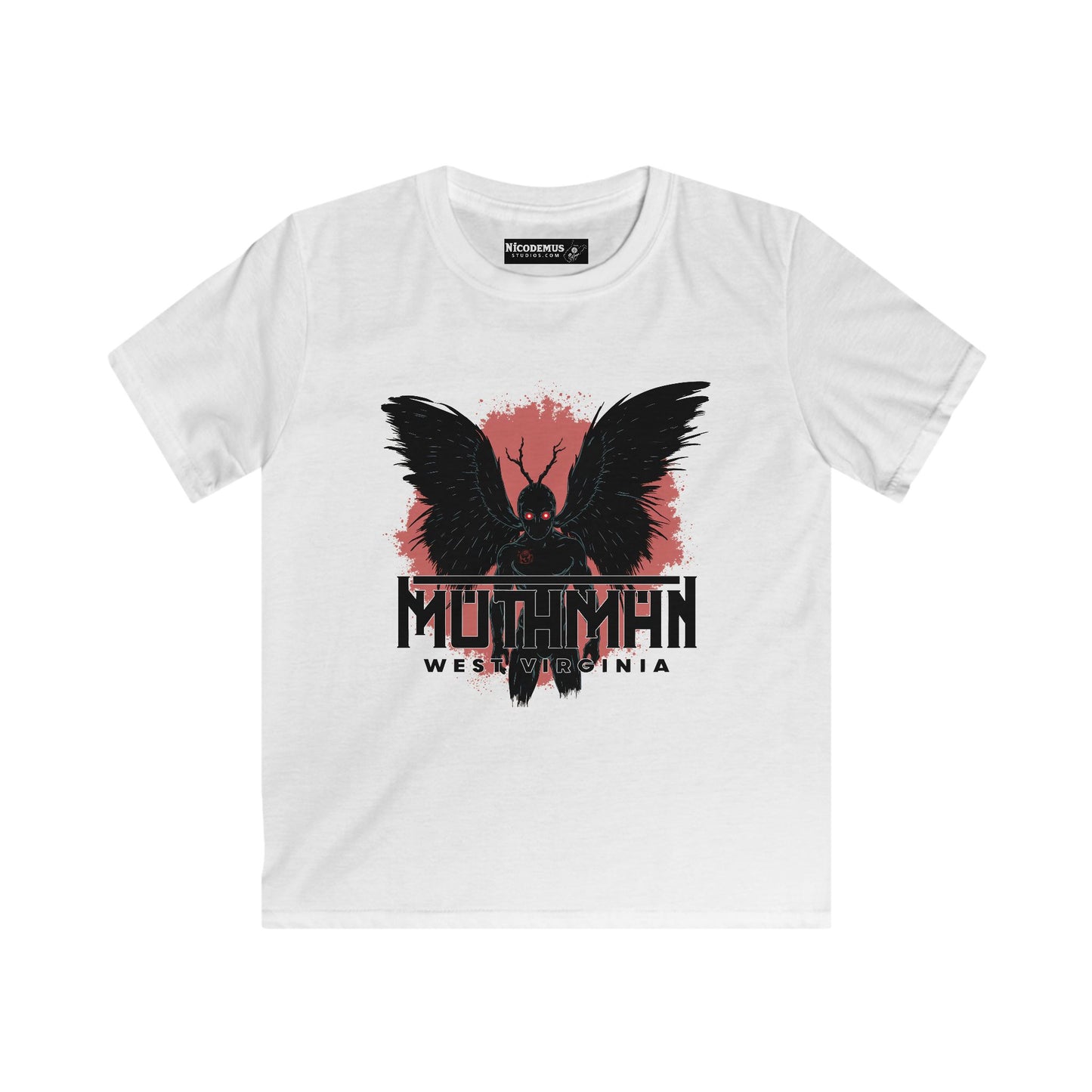 Kids Soft Style Short Sleeve Shirt | Mothman West Virginia-XS-White-Nicodemus Studios