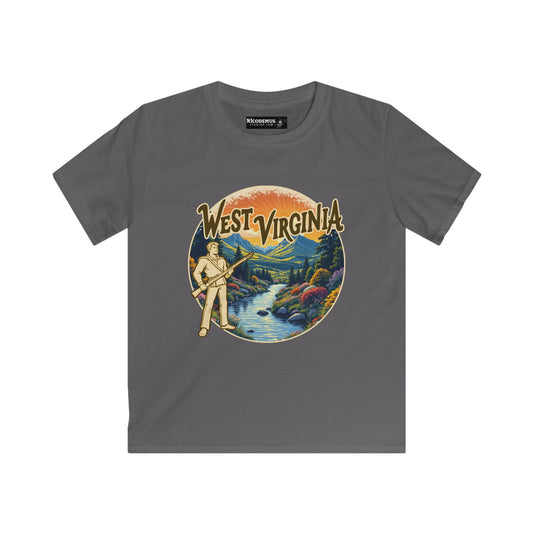 Kids Soft Style Short Sleeve Shirt | Mountaineer Lanscape by Nicodemus Studios-XS-Charcoal-Nicodemus Studios