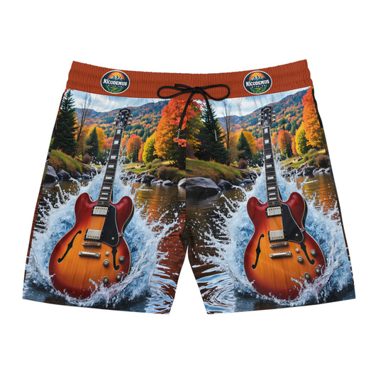 Men's Mid-Length Swim Shorts | Guitar Splash-S-Black drawstring-Nicodemus Studios