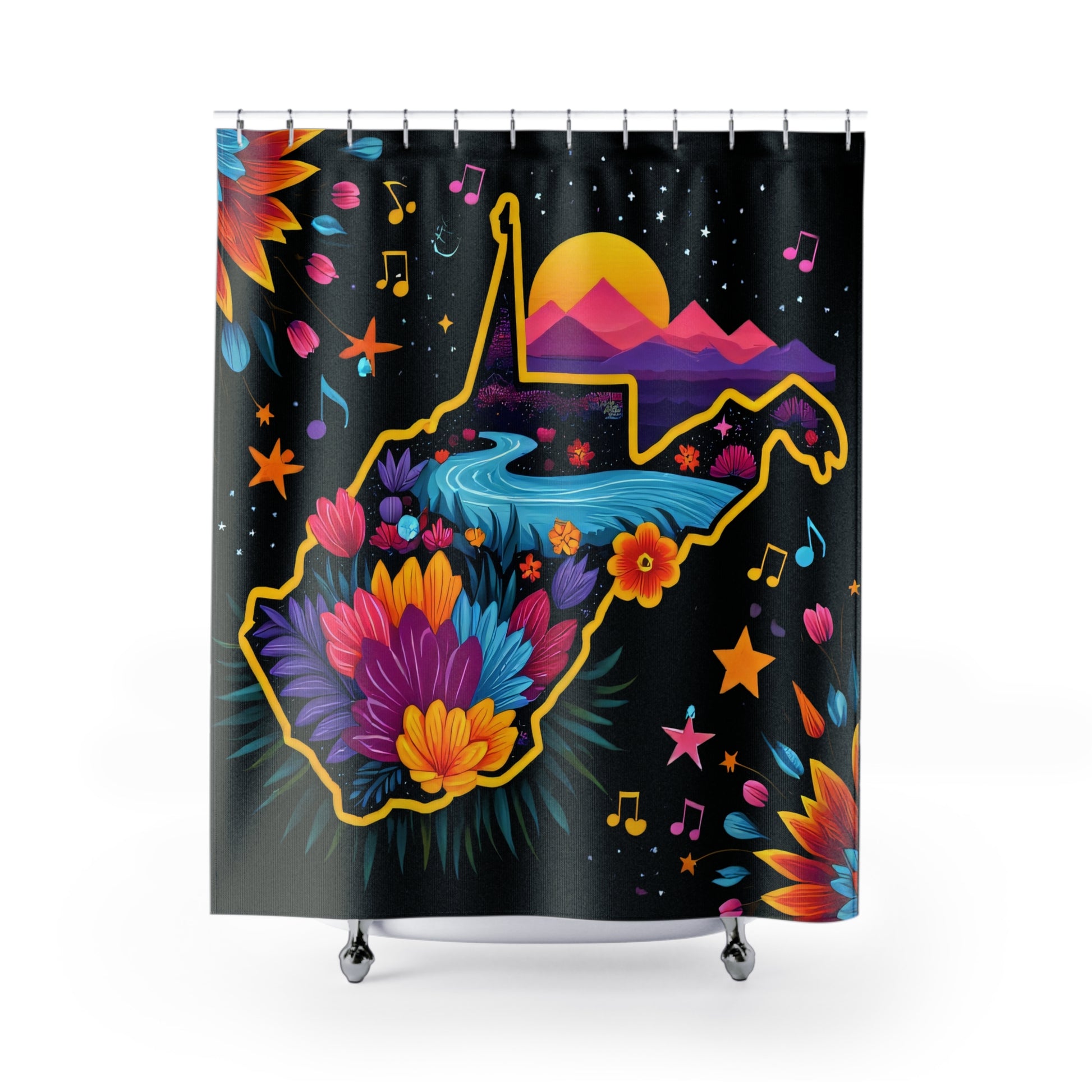 Shower Curtain | Retro Floral West Virginia-71" × 74"-Nicodemus Studios
