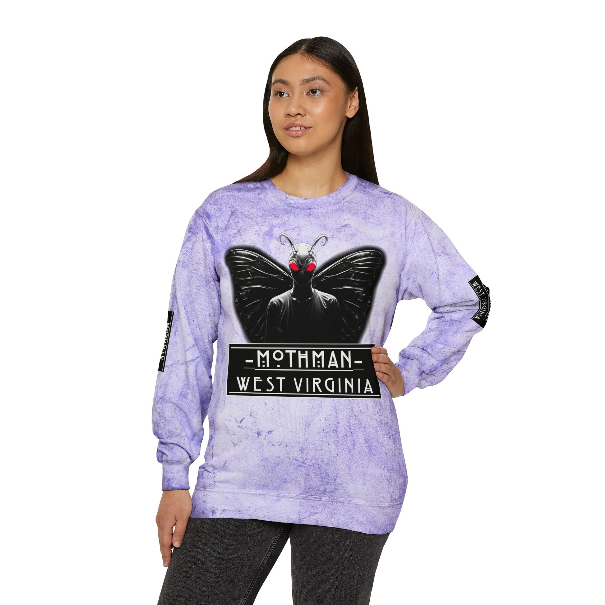 Unisex Color Blast Crewneck Sweatshirt | Mothman-Amethyst-S-Nicodemus Studios