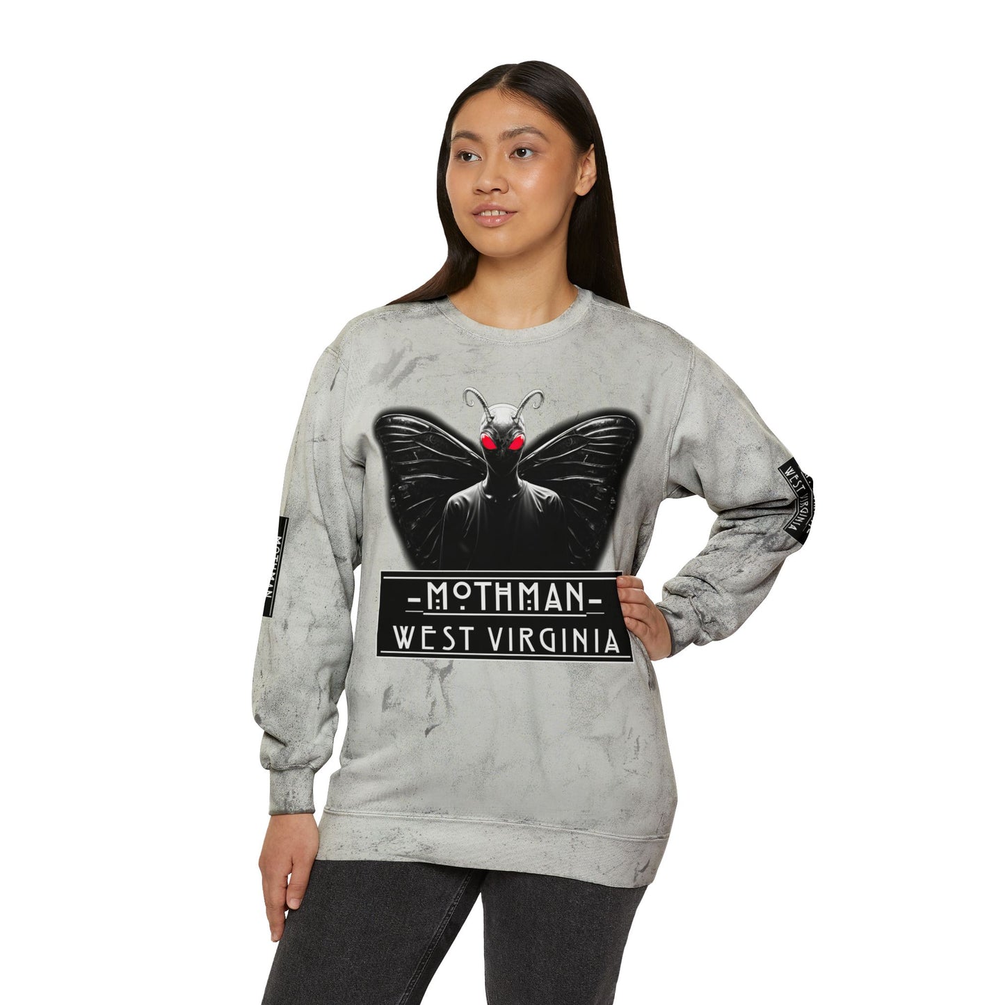 Unisex Color Blast Crewneck Sweatshirt | Mothman-Smoke-S-Nicodemus Studios