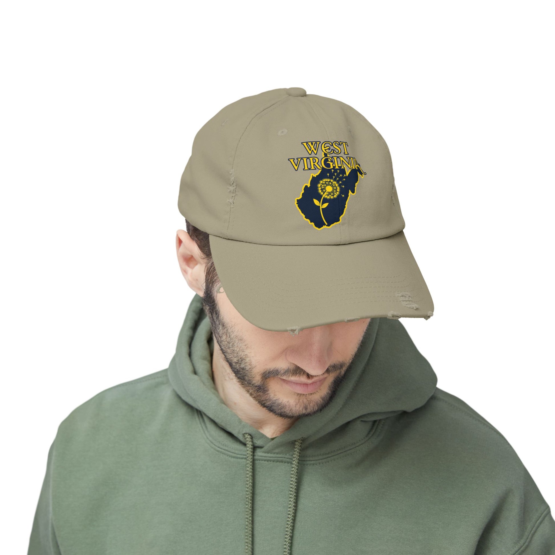 Unisex Distressed Cap | West Virginia Dandelion Design-Nicodemus Studios