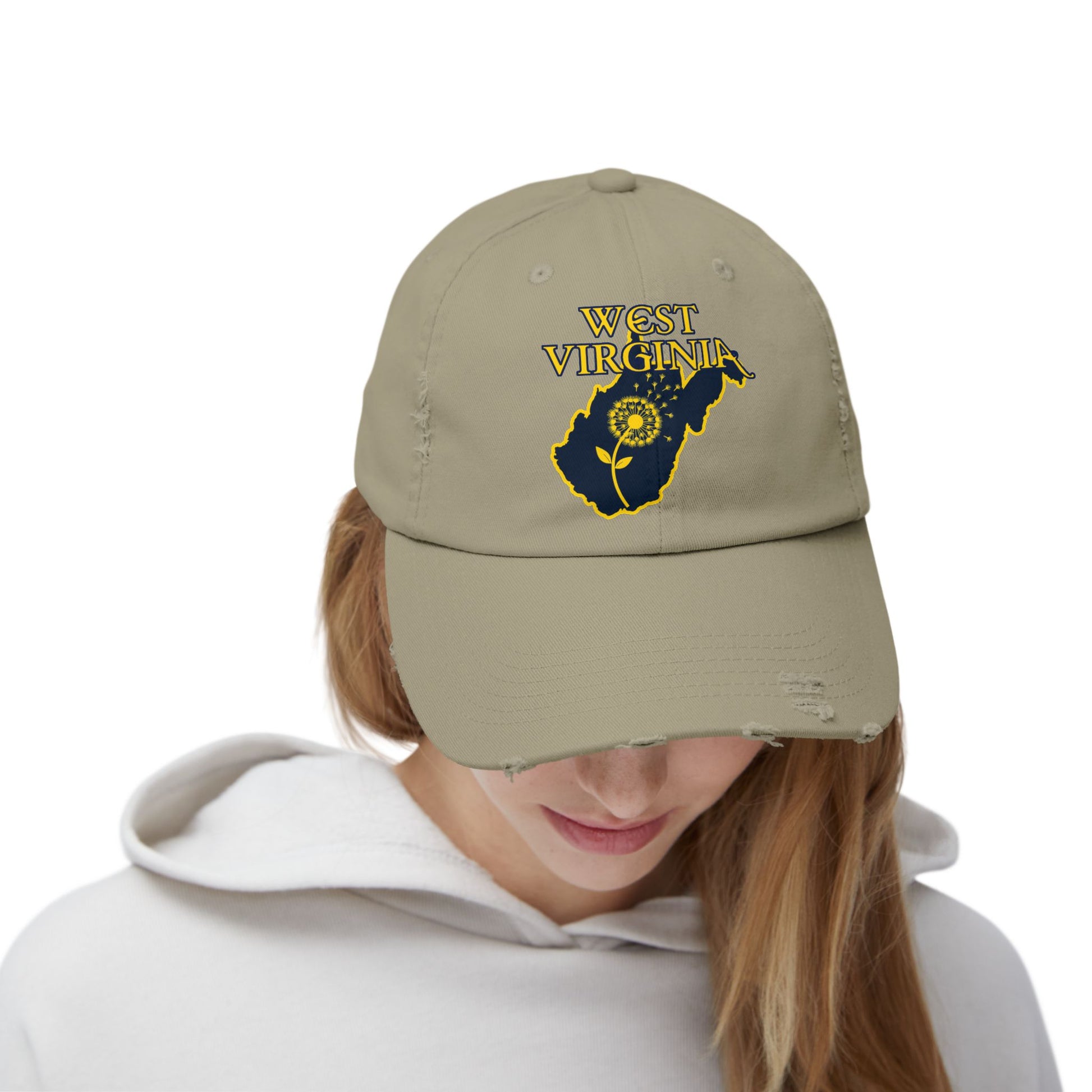 Unisex Distressed Cap | West Virginia Dandelion Design-Nicodemus Studios