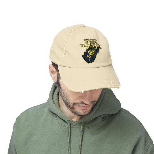 Unisex Distressed Cap | West Virginia Dandelion Design-Nicodemus Studios