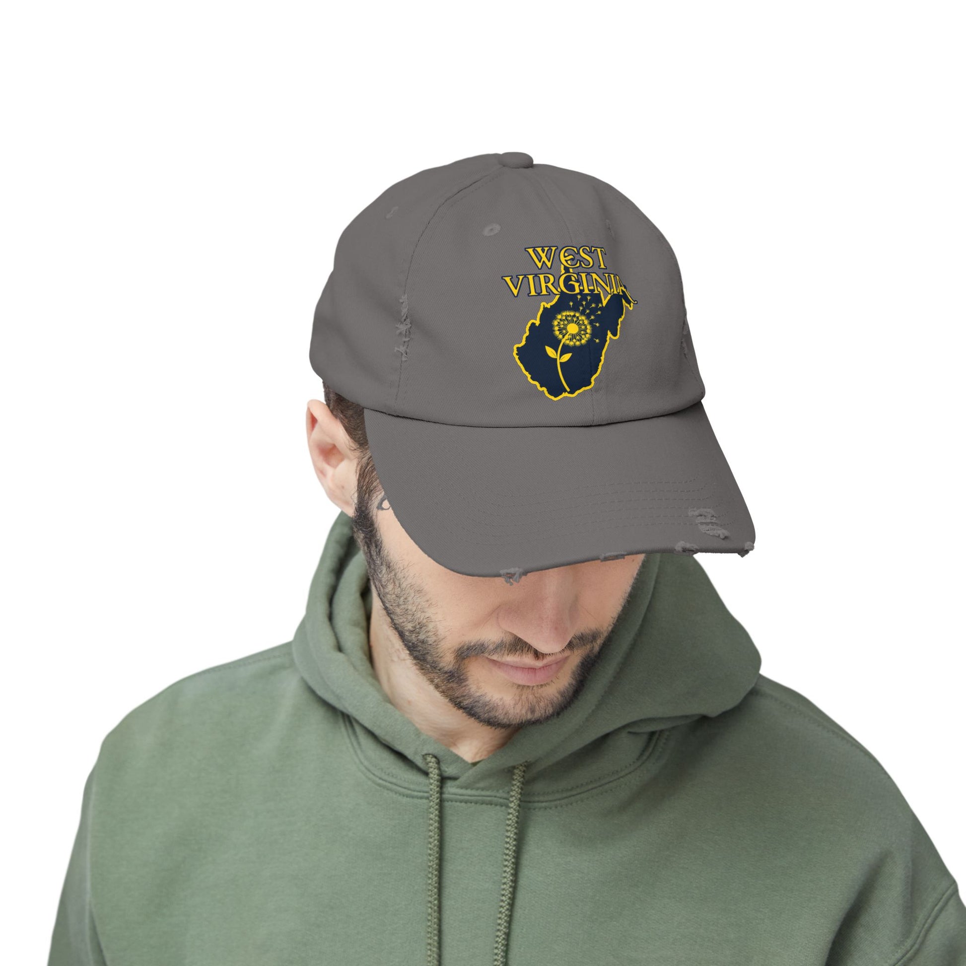 Unisex Distressed Cap | West Virginia Dandelion Design-Nicodemus Studios