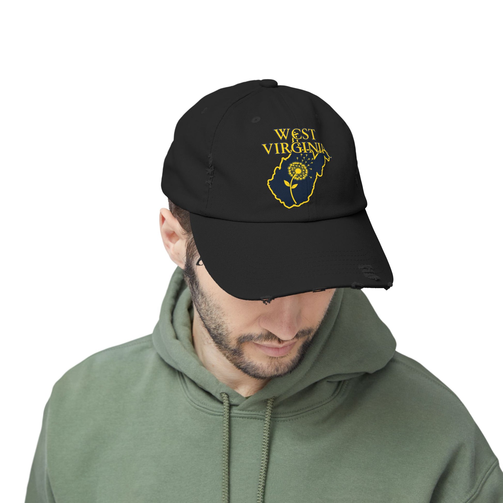 Unisex Distressed Cap | West Virginia Dandelion Design-Nicodemus Studios