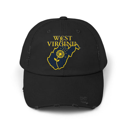 Unisex Distressed Cap | West Virginia Dandelion Design-Black-One size-Nicodemus Studios