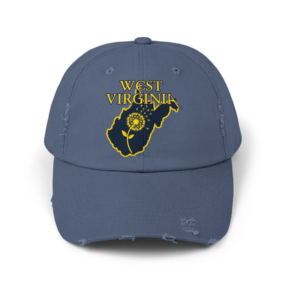 Unisex Distressed Cap | West Virginia Dandelion Design-Scotland Blue-One size-Nicodemus Studios