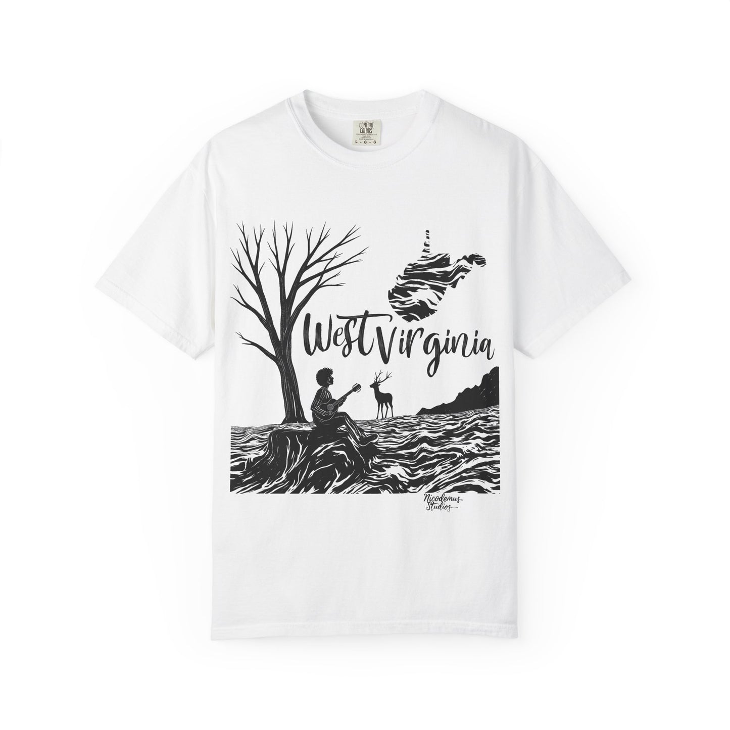 Unisex Garment-Dyed T-shirt | West Virginia Nature Scene-White-S-Nicodemus Studios
