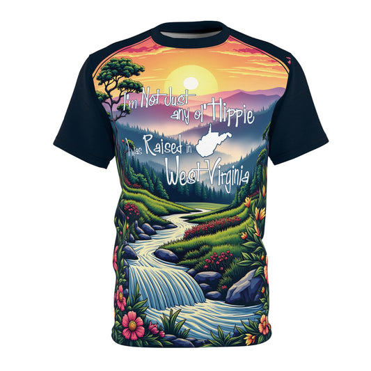Unisex Graphic Tee Shirt | "Not Just Any Ol' Hippie West Virginia" by Nicodemus Studios-Black stitching-6 oz.-S-Nicodemus Studios
