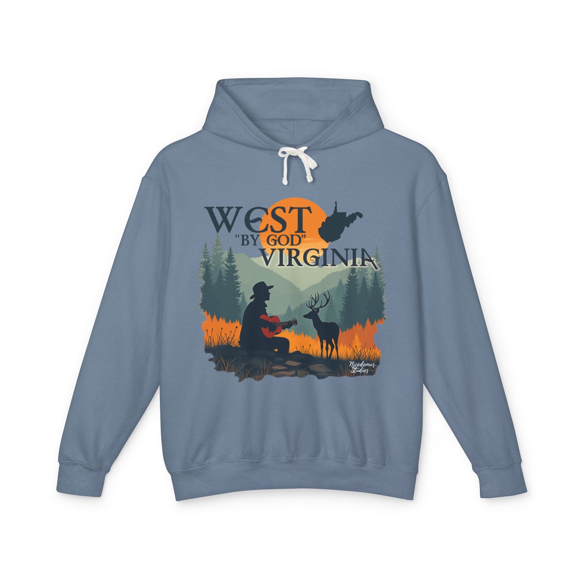 Unisex Lightweight Hooded Sweatshirt | "West By God Virginia" by Nicodemus Studios-S-Blue Jean-Nicodemus Studios
