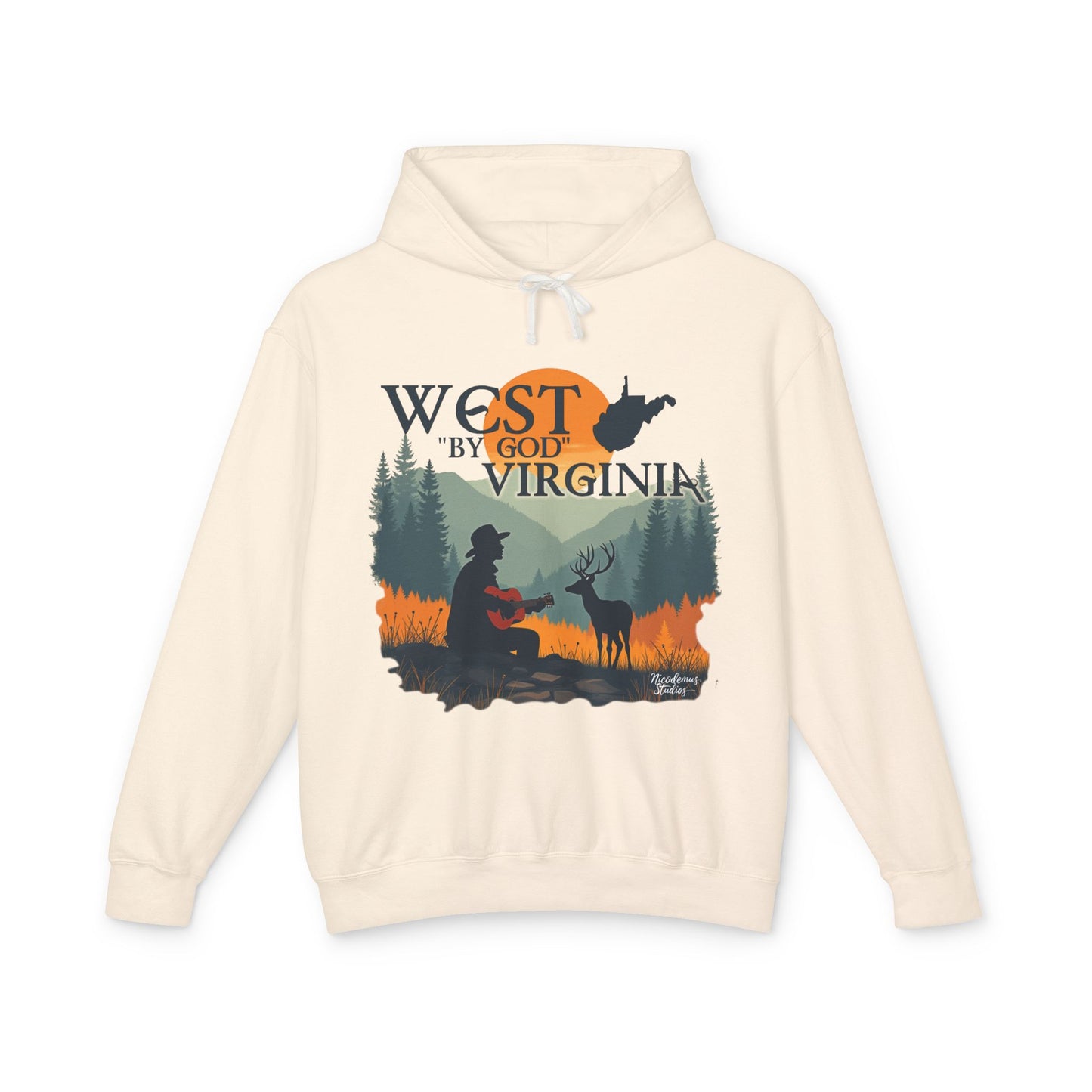 Unisex Lightweight Hooded Sweatshirt | "West By God Virginia" by Nicodemus Studios-S-Ivory-Nicodemus Studios