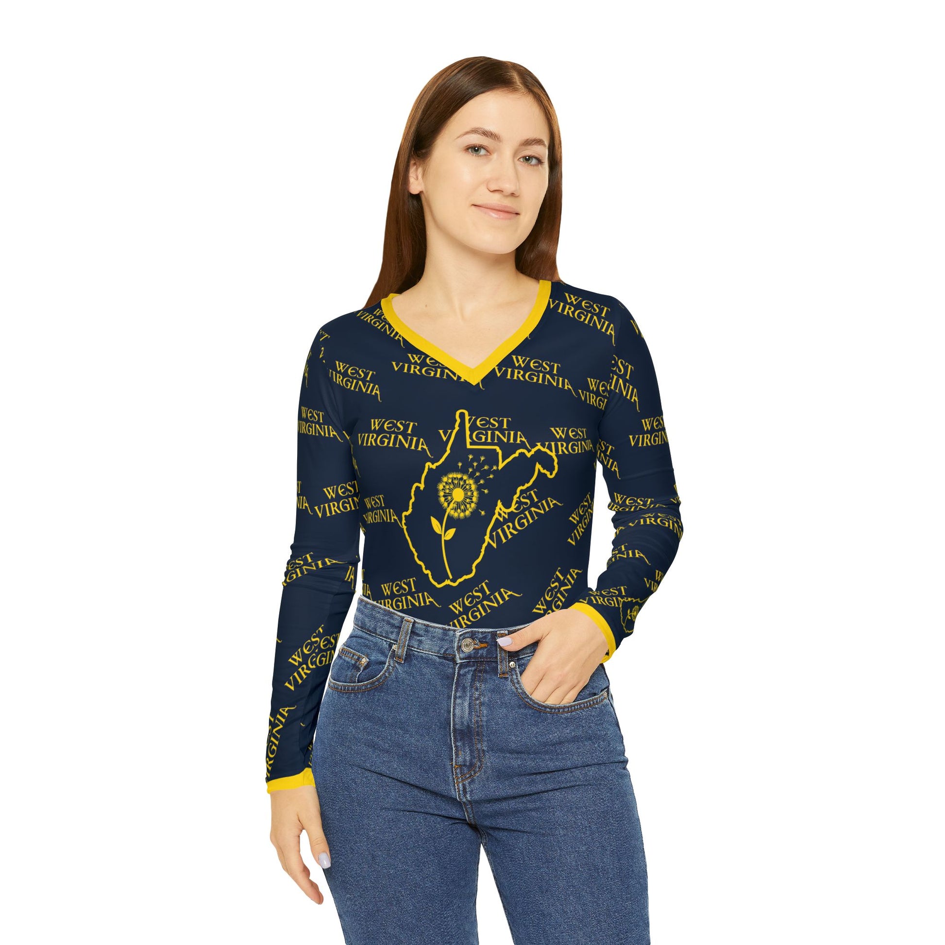 West Virginia Dandelion Design Long Sleeve V-neck Shirt for Women-Nicodemus Studios