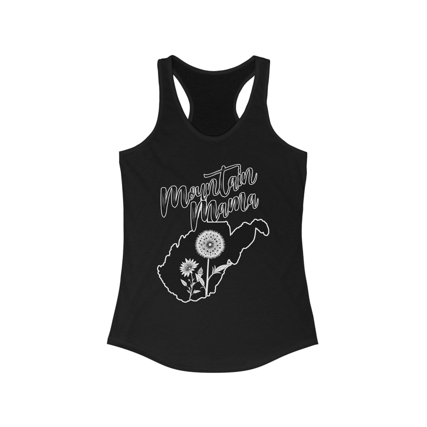 Women's Racerback Tank | Mountain Momma Dandelion-XS-Solid Black-Nicodemus Studios
