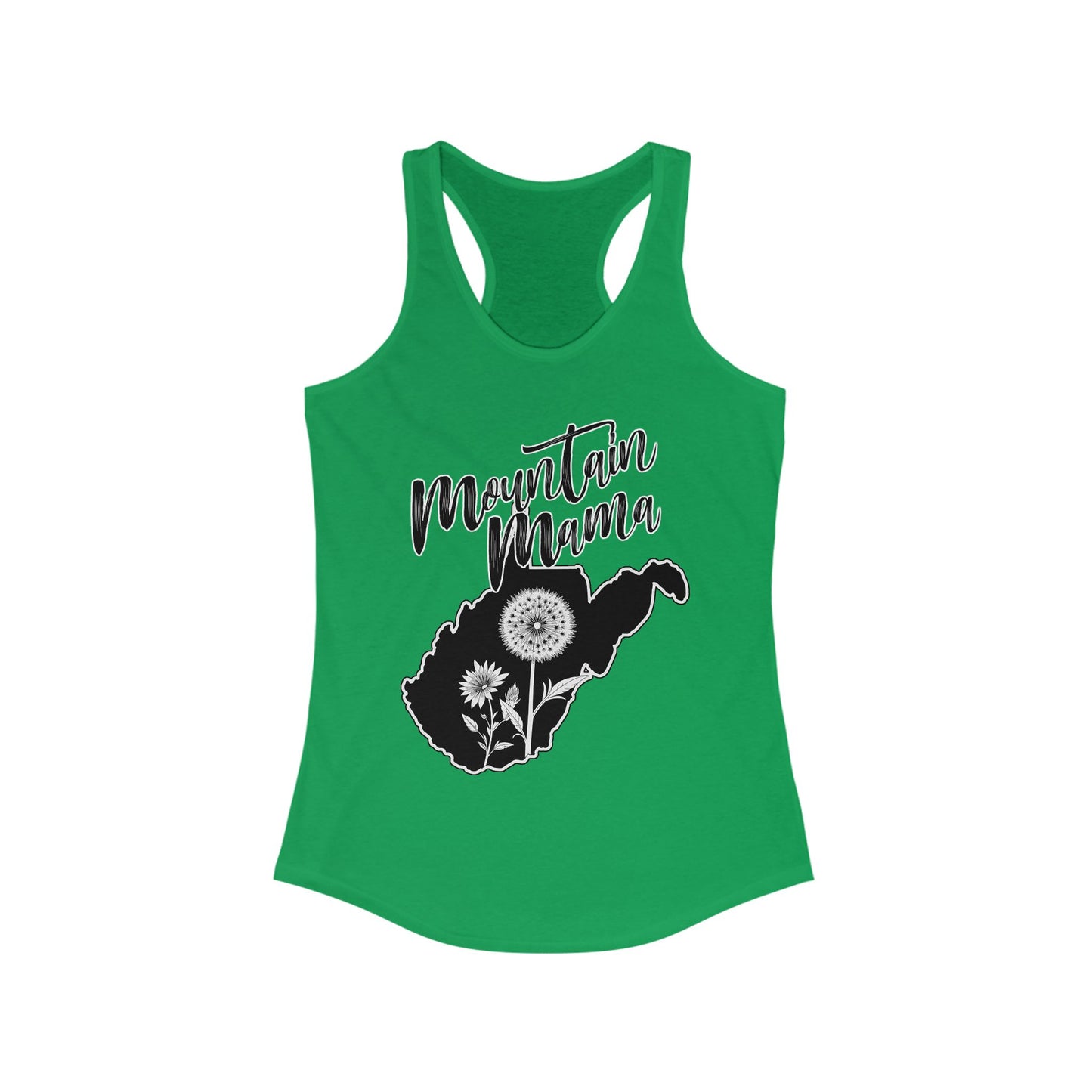 Women's Racerback Tank | Mountain Momma Dandelion-XS-Solid Kelly Green-Nicodemus Studios