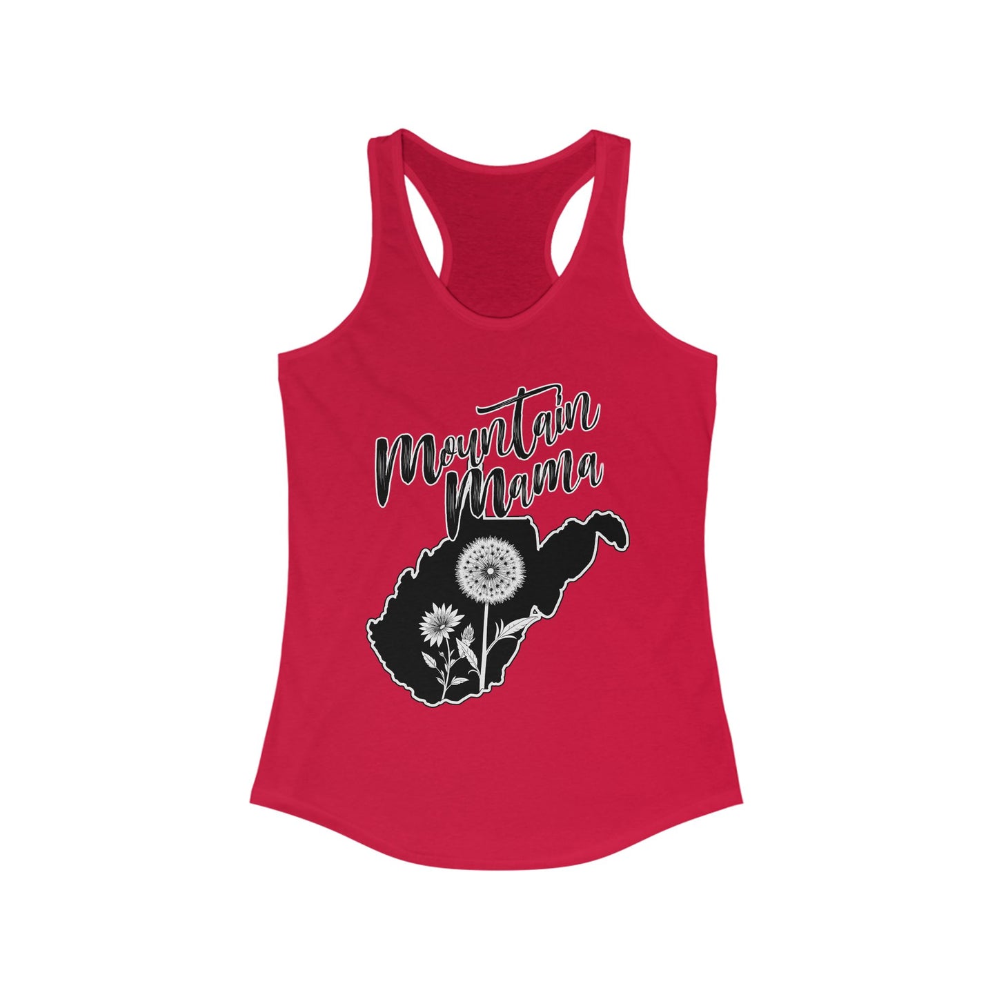 Women's Racerback Tank | Mountain Momma Dandelion-XS-Solid Red-Nicodemus Studios