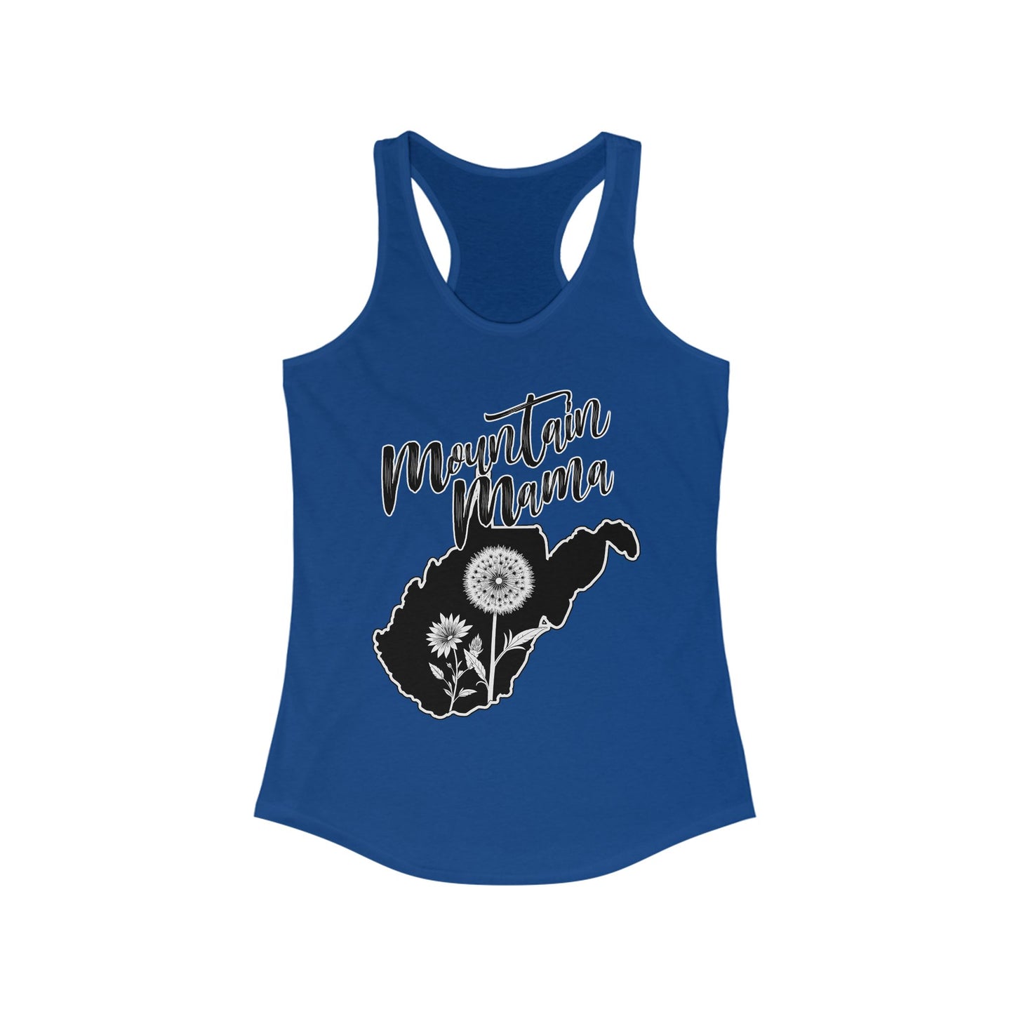 Women's Racerback Tank | Mountain Momma Dandelion-XS-Solid Royal-Nicodemus Studios