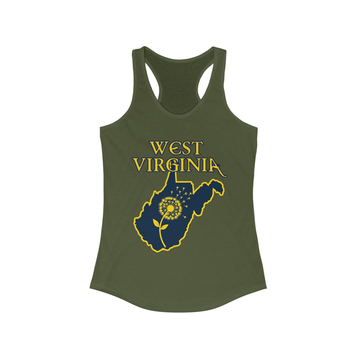 Women's Racerback Tank | West Virginia Dandelion Design-S-Solid Military Green-Nicodemus Studios