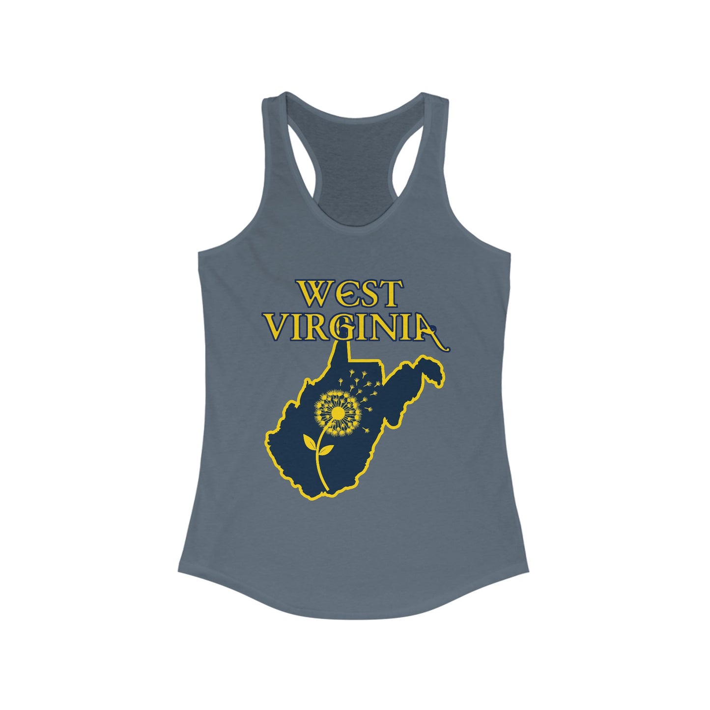Women's Racerback Tank | West Virginia Dandelion Design-XS-Solid Indigo-Nicodemus Studios