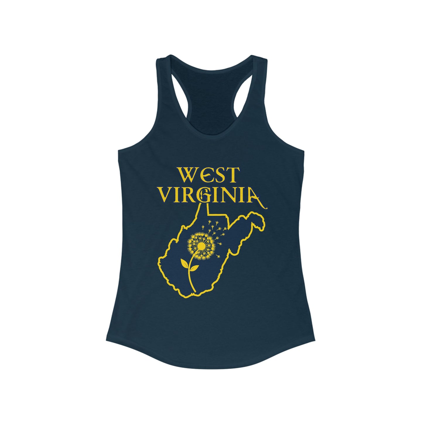 Women's Racerback Tank | West Virginia Dandelion Design-XS-Solid Midnight Navy-Nicodemus Studios