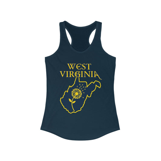 Women's Racerback Tank | West Virginia Dandelion Design-XS-Solid Midnight Navy-Nicodemus Studios