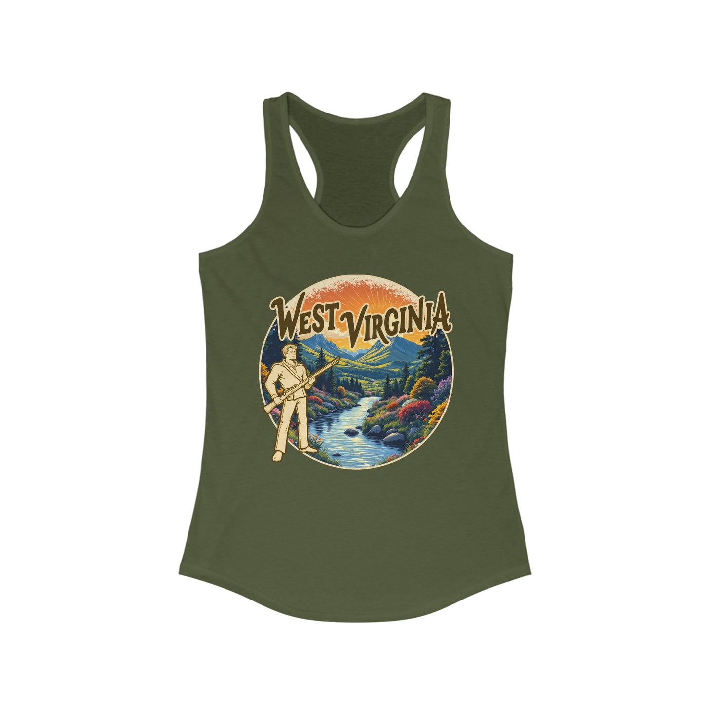 Women's Racerback Tank | West Virginia Vintage Mountaineer-S-Solid Military Green-Nicodemus Studios