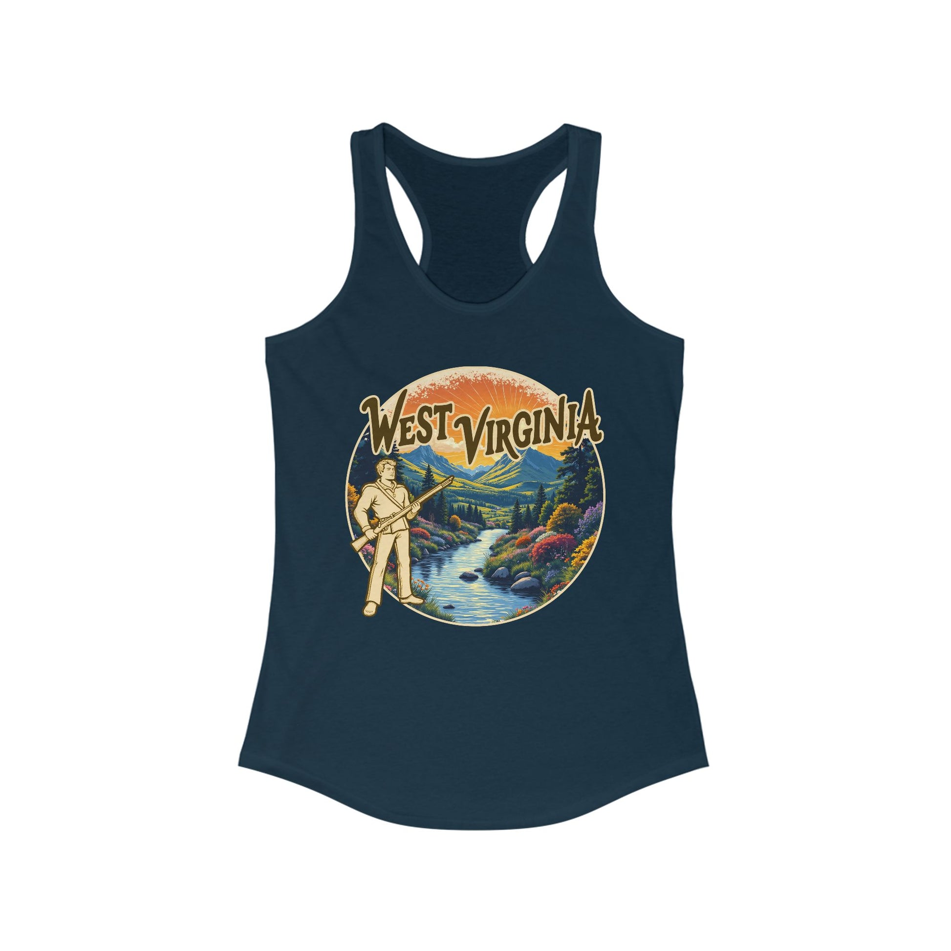 Women's Racerback Tank | West Virginia Vintage Mountaineer-XS-Solid Midnight Navy-Nicodemus Studios