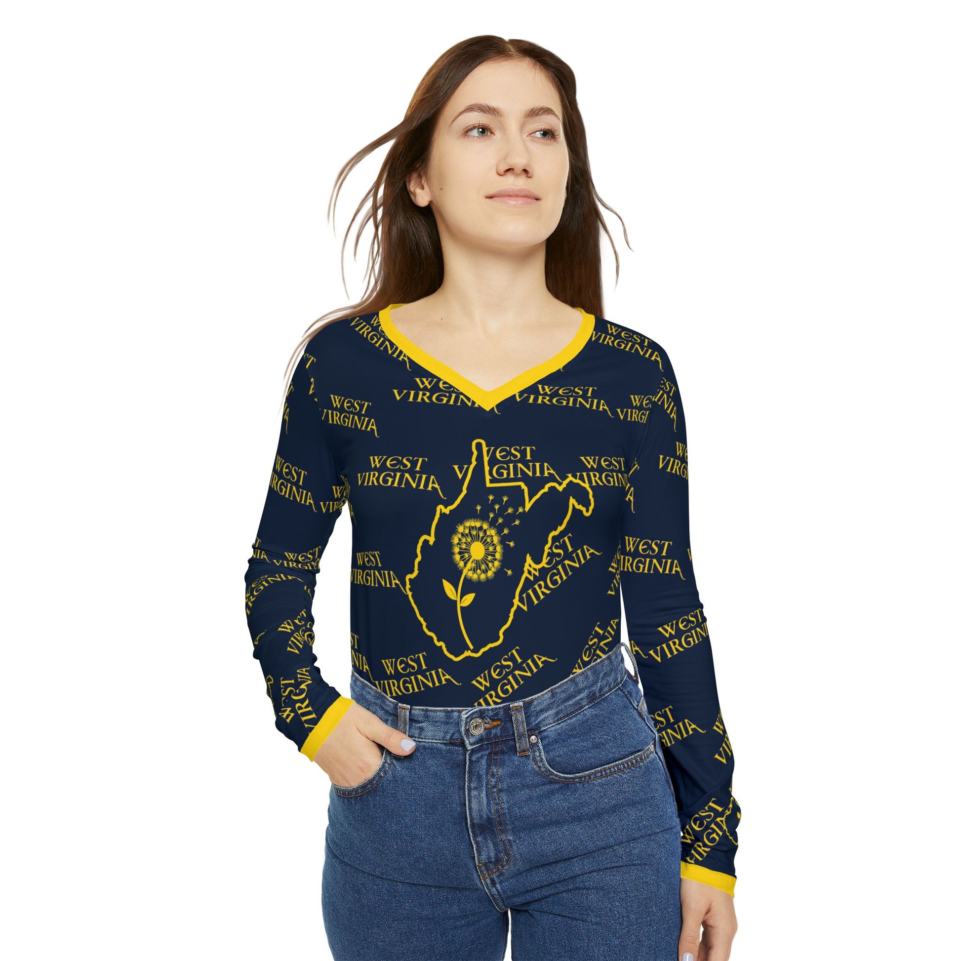 West Virginia Dandelion Design Long Sleeve V-neck Shirt for Women-Nicodemus Studios