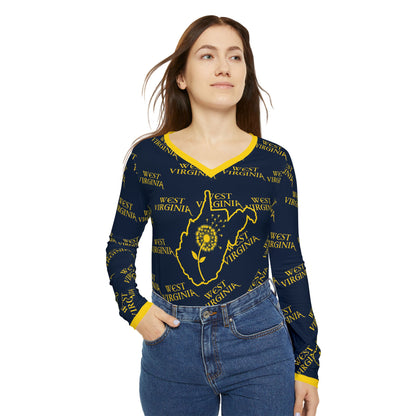 West Virginia Dandelion Design Long Sleeve V-neck Shirt for Women-Nicodemus Studios